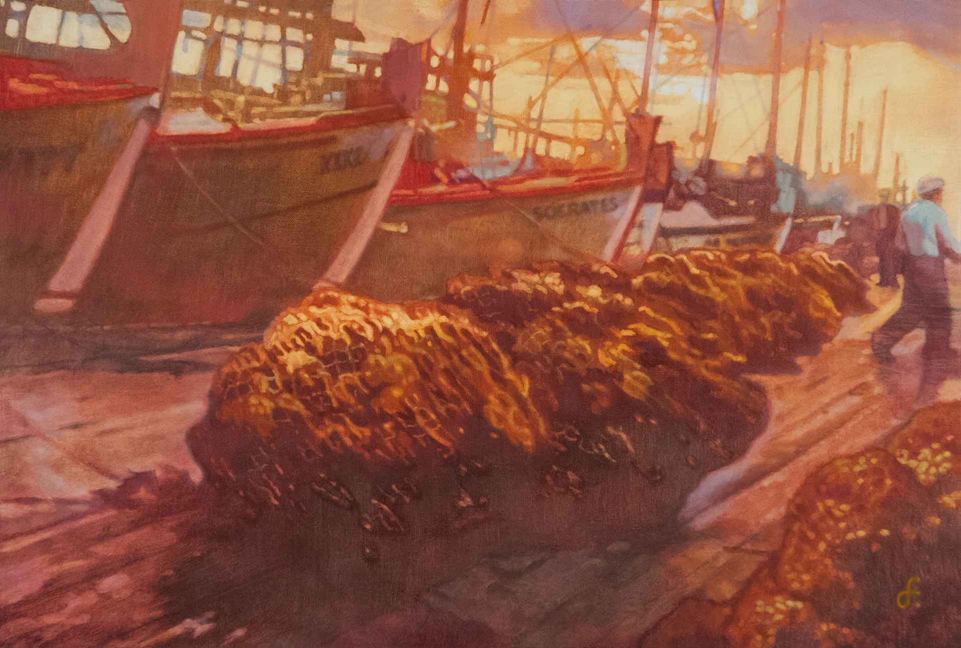 Sponge Docks at Tarpon Springs Florida 1936  Oil Painting Illustration Art by Doug Fakkel Netted sponges on the docks